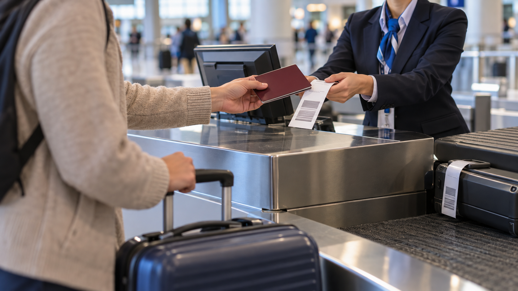 International traveler at a generic airport baggage service desk with a suitcase, passport, boarding pass and baggage-tag receipt