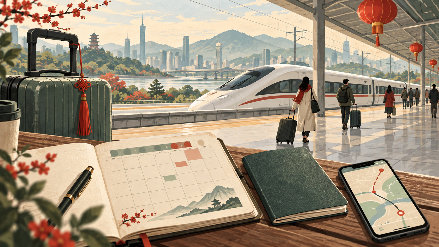 Illustrated holiday travel planner, luggage and phone in front of a fictional Chinese railway platform
